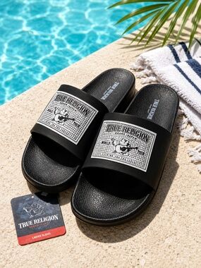 NWT True Religion Women's 10 Rhinestone Buddha Logo Black Slide Sandals Shoes